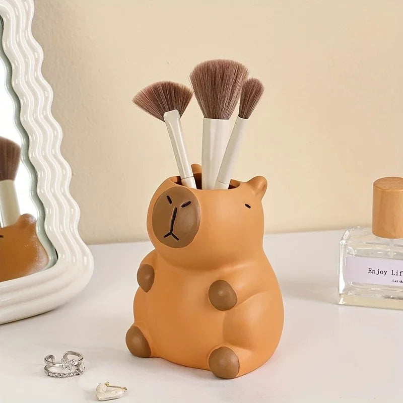 Pen Holder Ceramic Capybara Design for Desk Stationery and Makeup Brush Storage