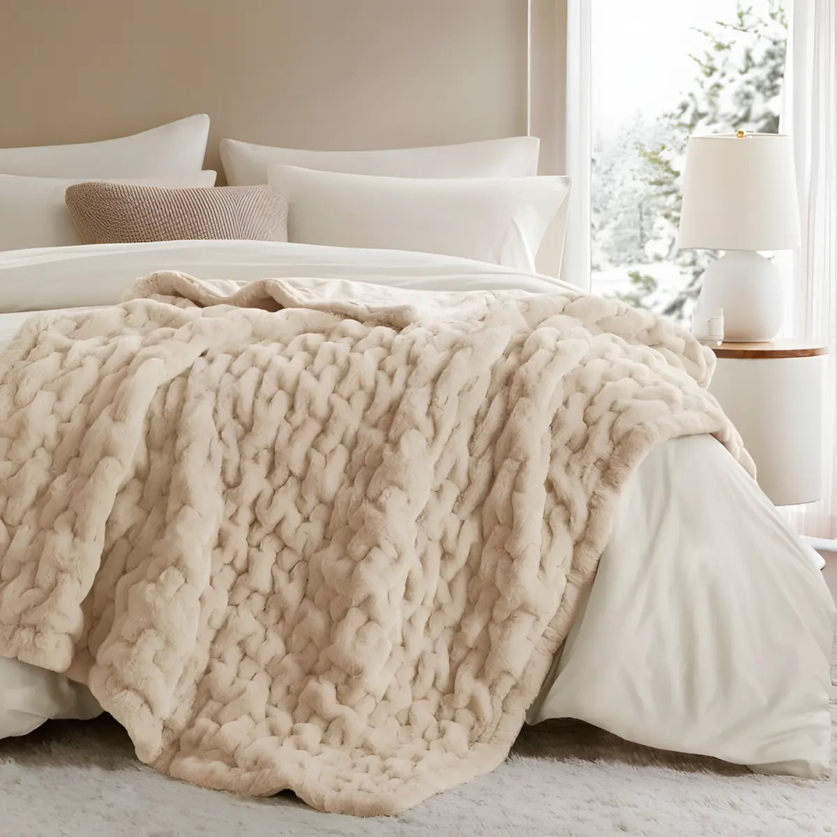 Faux Fur Throw Blanket with Double Sided Ruched Texture for Cozy Everyday Home Use