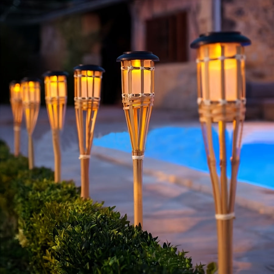 2-Pack Solar Bamboo Flame Lights for Cozy Outdoor Ambience