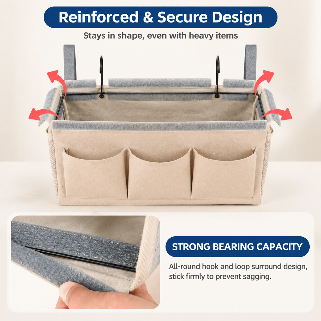 Bedside Caddy Organizer with Multiple Pockets and Hooks for Beds, Sofas and Dorm Storage