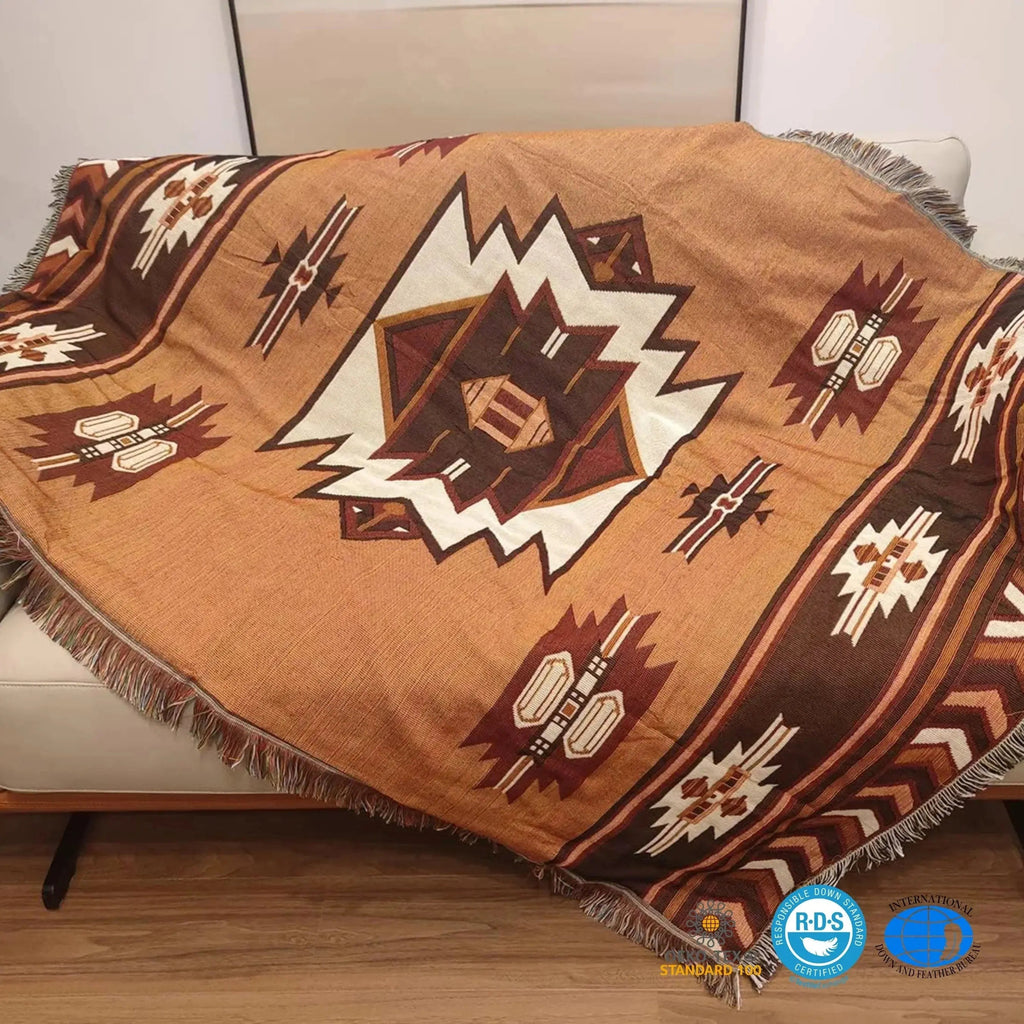 Brown Aztec Reversible Woven Throw Blanket with Tassel Detailing for Home Décor and Travel Use