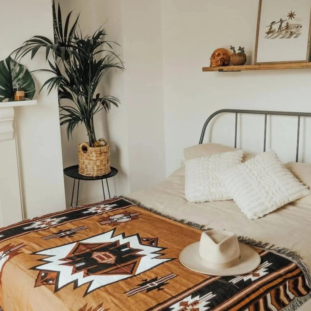 Brown Aztec Reversible Woven Throw Blanket with Tassel Detailing for Home Décor and Travel Use