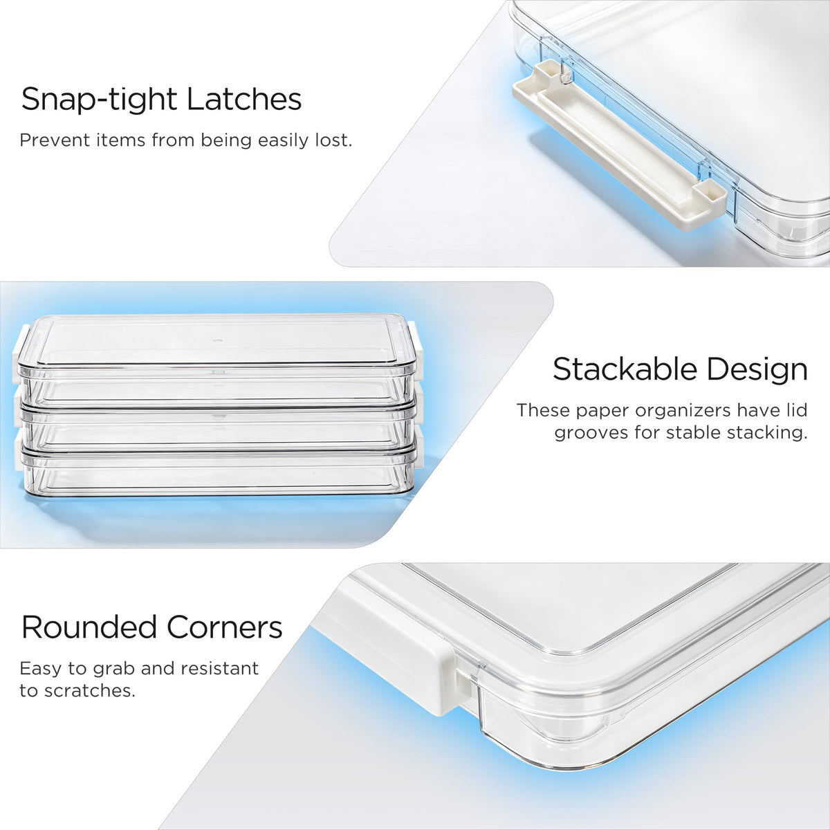 3 Pcs Paper Organizer Clear Plastic File Storage Box Set with Clip Lid for A4 Documents and Stationery Storage