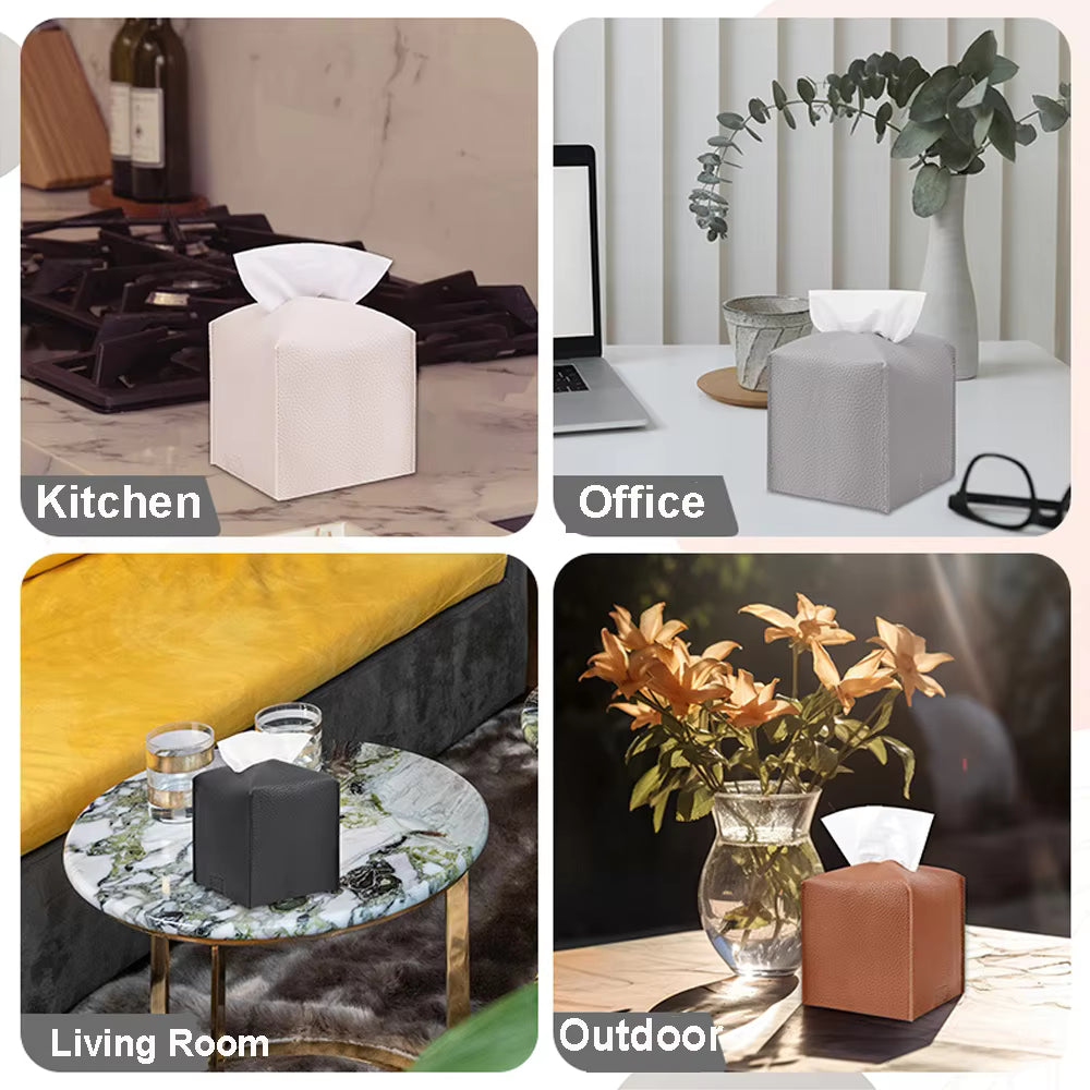 PU Leather Tissue Holder with Square Decorative Design for Bathroom and Office Organization