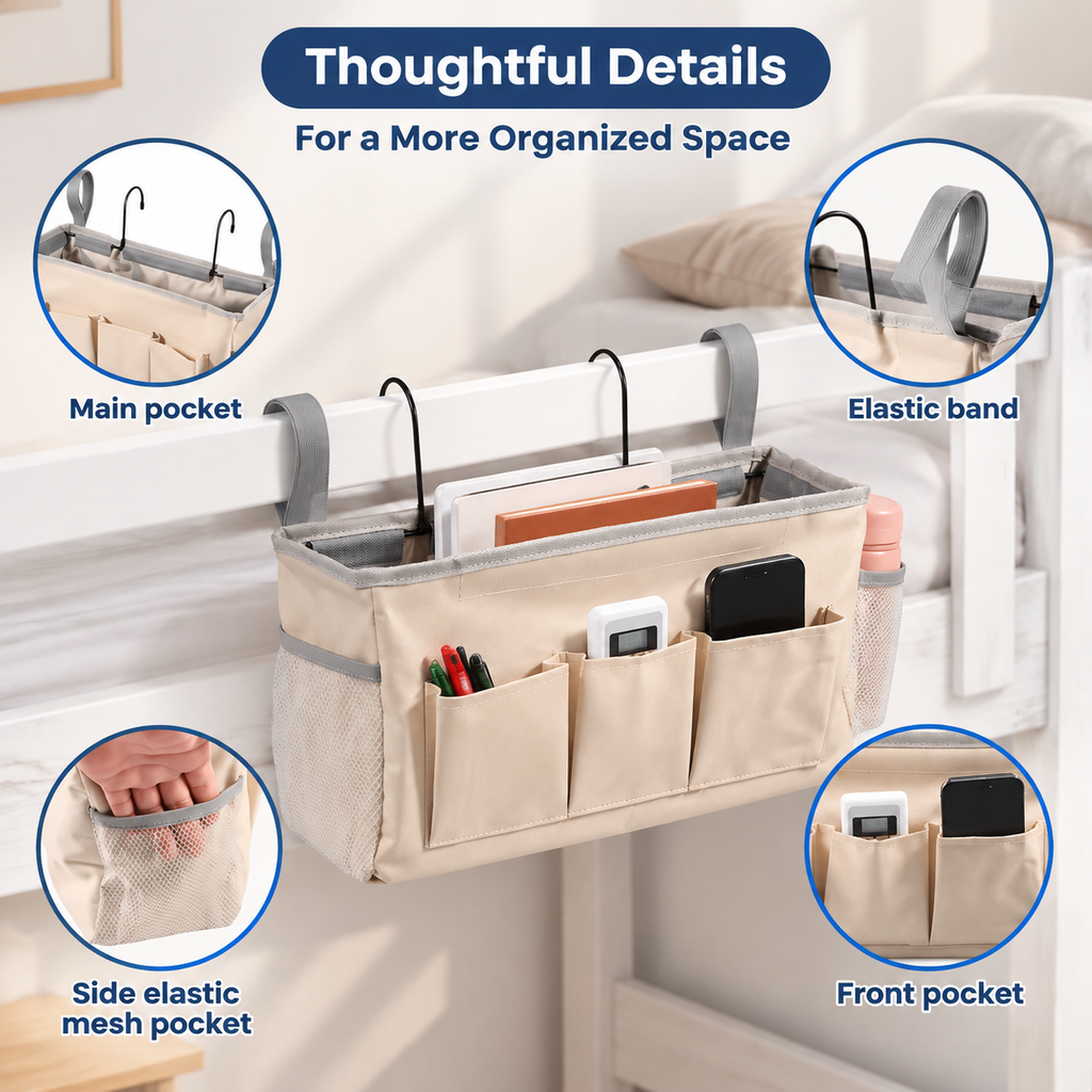 Bedside Caddy Organizer with Multiple Pockets and Hooks for Beds, Sofas and Dorm Storage