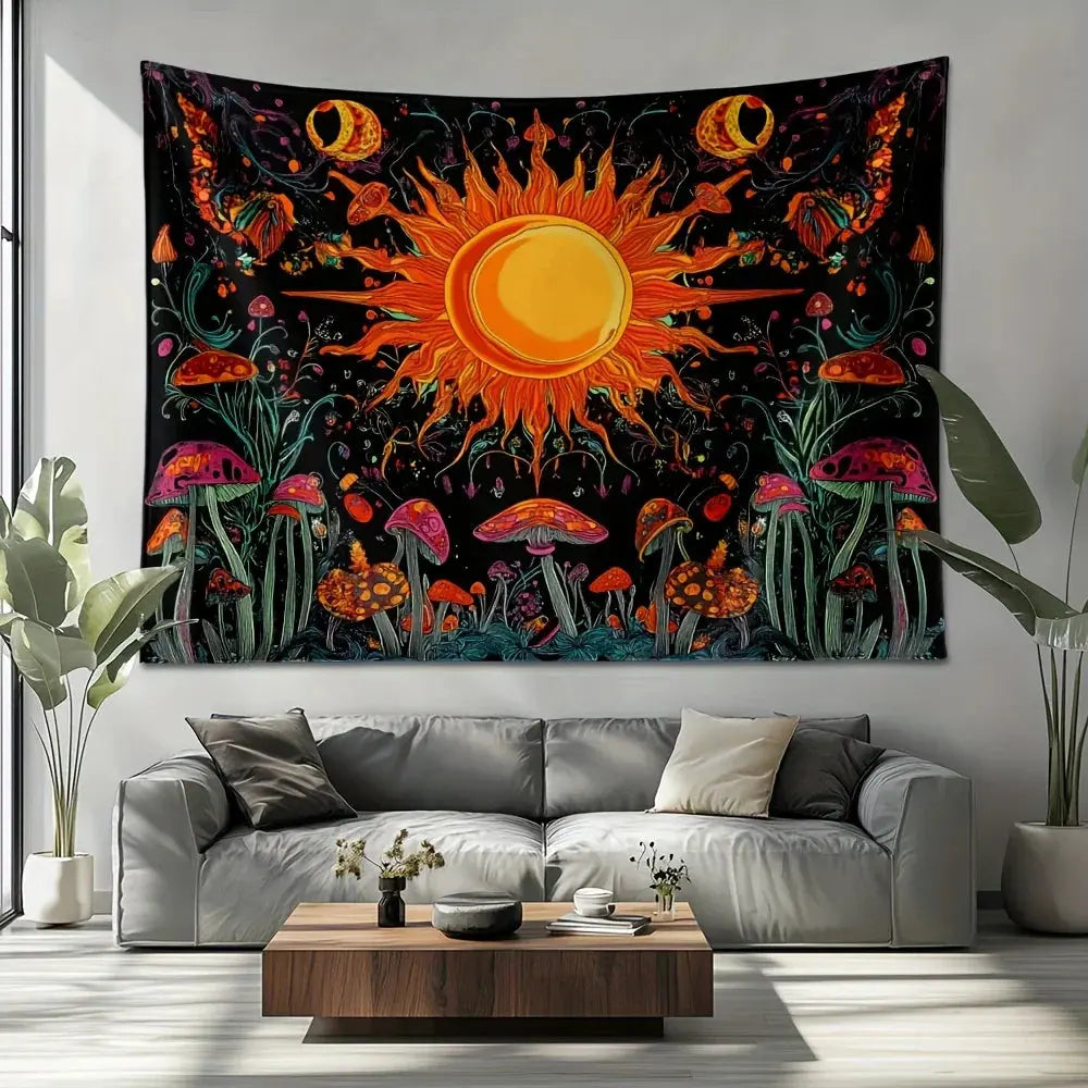 Embroidered Star and Moon Constellation Tapestry with Boho Detailing for Home Ambience