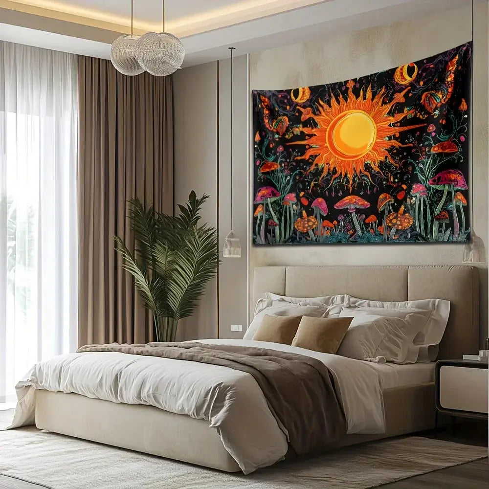 Embroidered Star and Moon Constellation Tapestry with Boho Detailing for Home Ambience