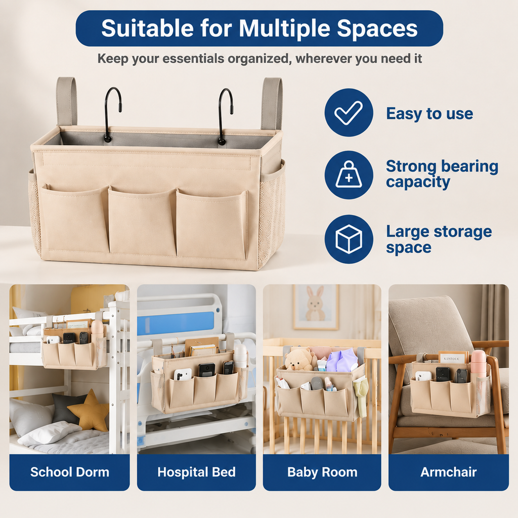 Bedside Caddy Organizer with Multiple Pockets and Hooks for Beds, Sofas and Dorm Storage