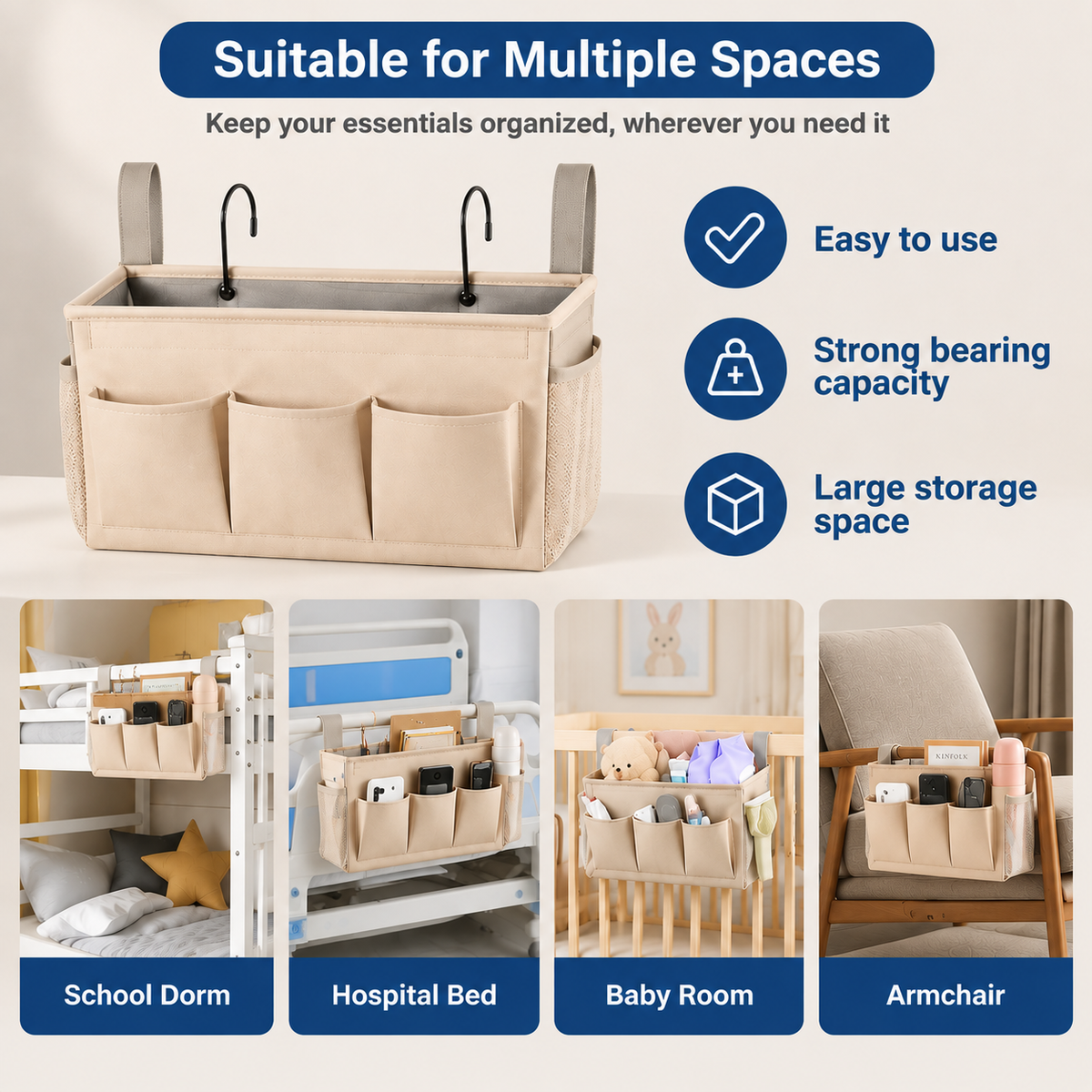 Bedside Caddy Organizer with Multiple Pockets and Hooks for Beds, Sofas and Dorm Storage