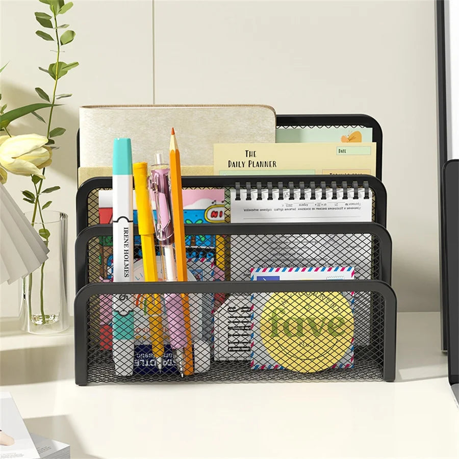 3-Layer Notebook Rack with Inclined Metal Mesh Design for Document and Office Folder Storage