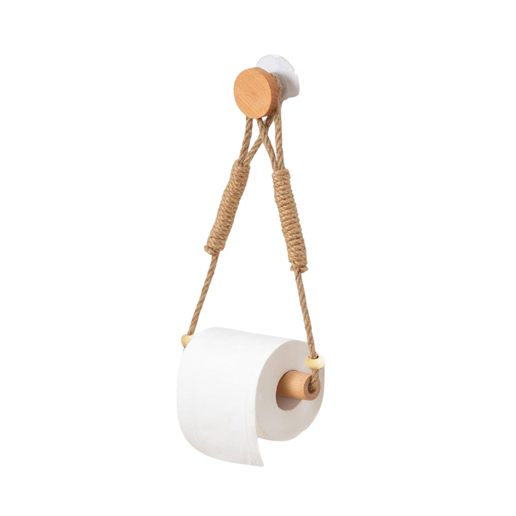 Rustic Rope Toilet Paper Holder with Wooden Wall Mounted Design for Bathroom Tissue Roll Organization (Exclude Paper)