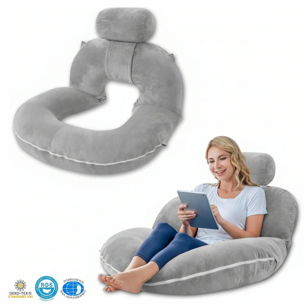 Modular Reading Pillow with Folding U Shape Design and Adjustable Filling for Bed and Lounge Use