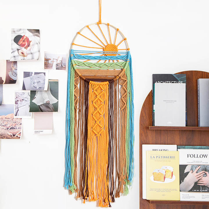 Boho Macrame Sunrise Wall Hanging Cotton Dream Catcher Style Tapestry for Bedroom Living Room Decor