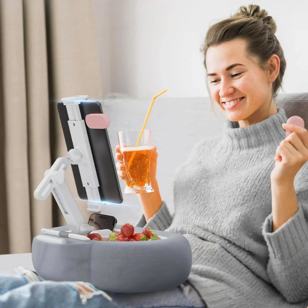Tablet Pillow Stand with Adjustable Holder and Dual Removable Trays for Reading and Media Use