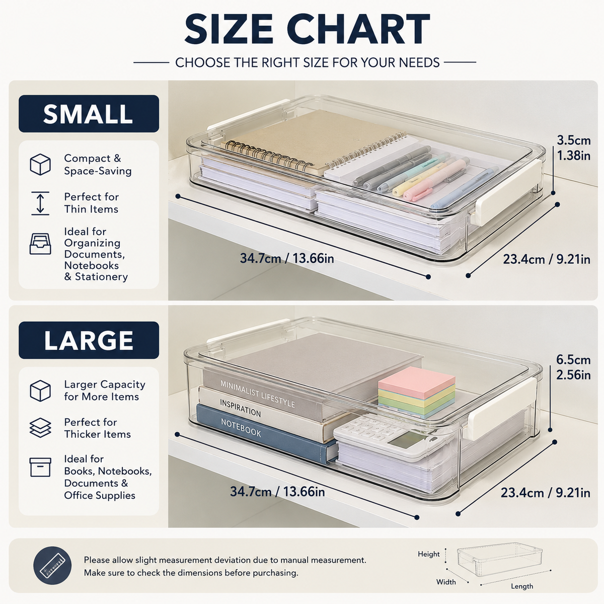3 Pcs Paper Organizer Clear Plastic File Storage Box Set with Clip Lid for A4 Documents and Stationery Storage
