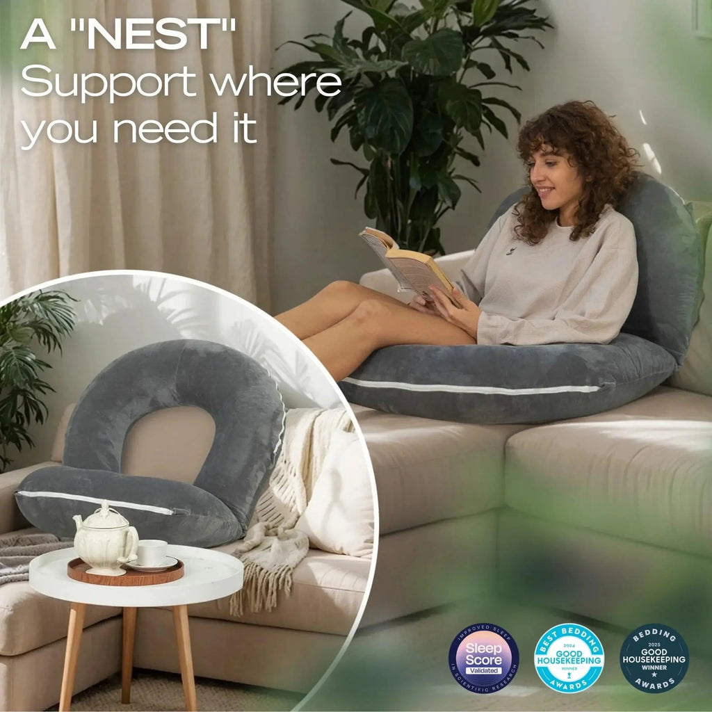 Modular Reading Pillow with Folding U Shape Design and Adjustable Filling for Bed and Lounge Use