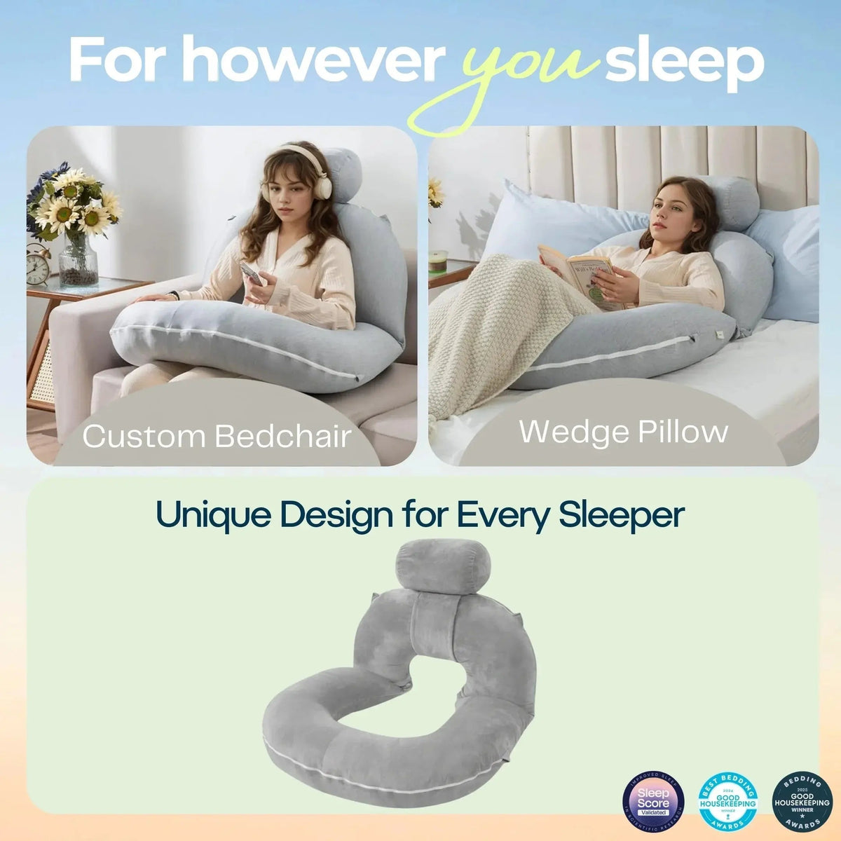 Modular Reading Pillow with Folding U Shape Design and Adjustable Filling for Bed and Lounge Use