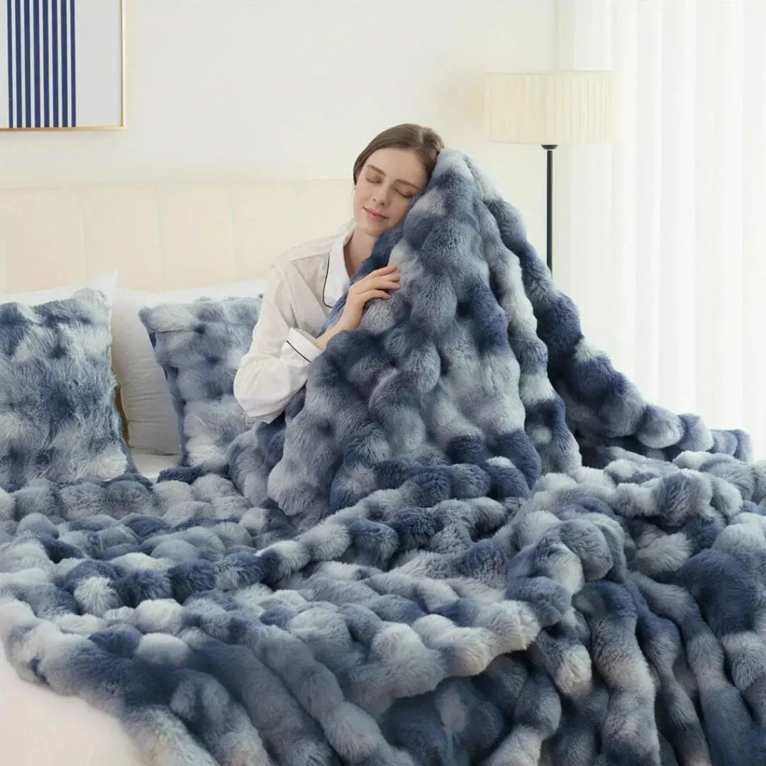 Tie Dye Faux Rabbit Fur Throw Blanket with Reversible Plush Design for Couch Bed and Travel