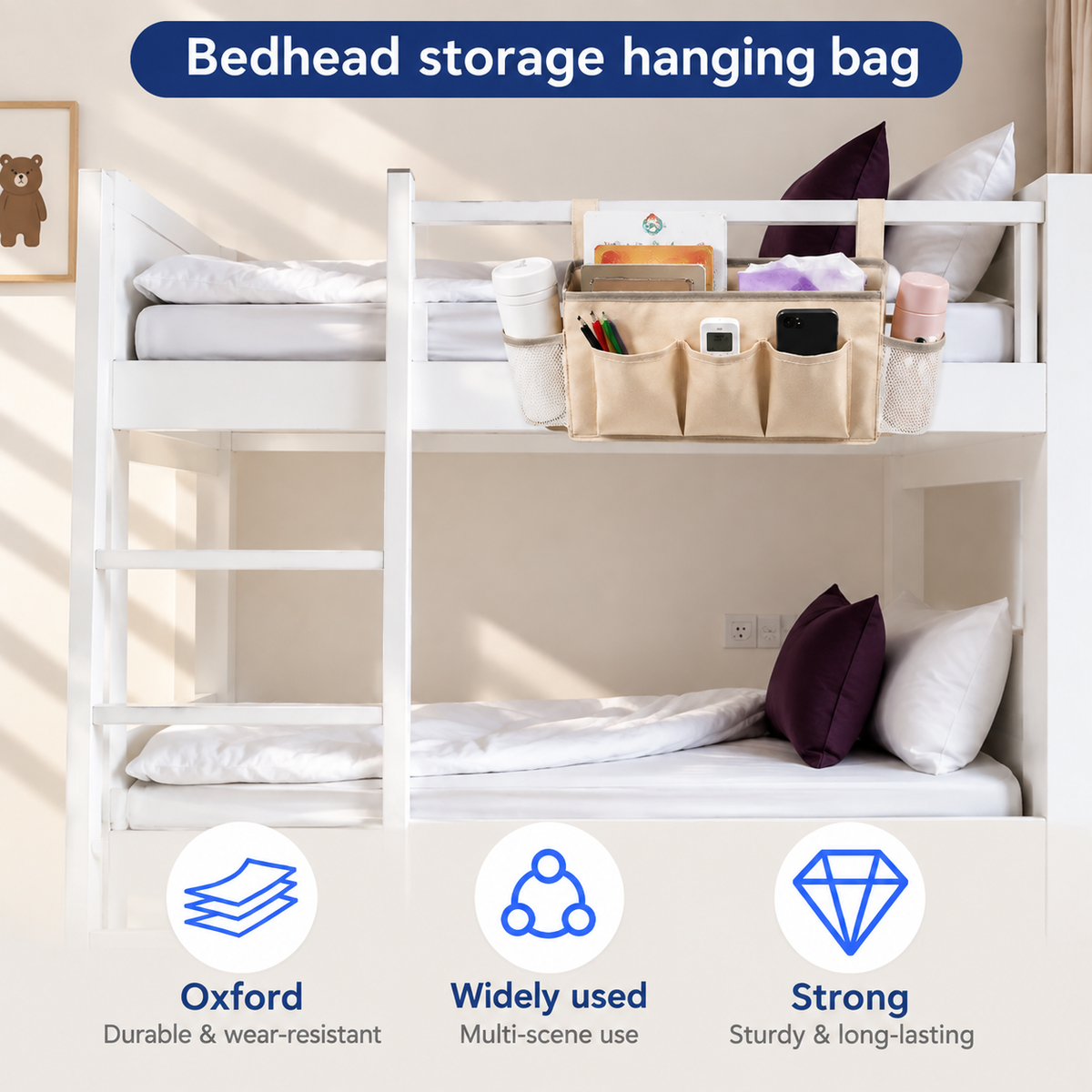 Bedside Caddy Organizer with Multiple Pockets and Hooks for Beds, Sofas and Dorm Storage