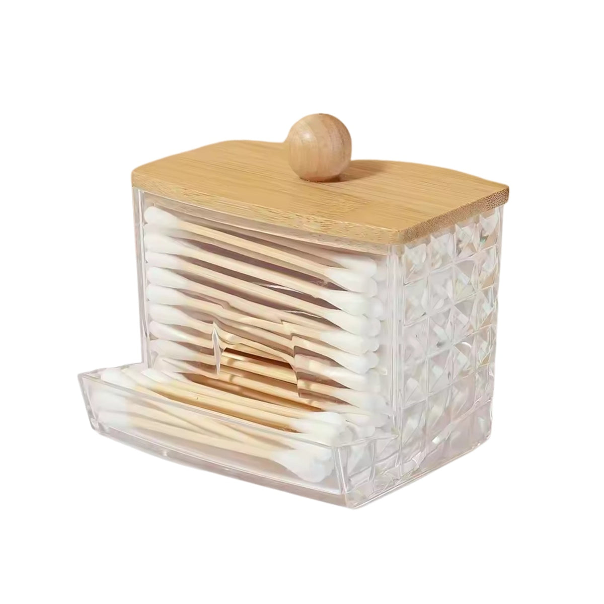 Cotton Swab Storage Box with Bamboo Lid Transparent Square Container for Bathroom Vanity and Toothpick Organization