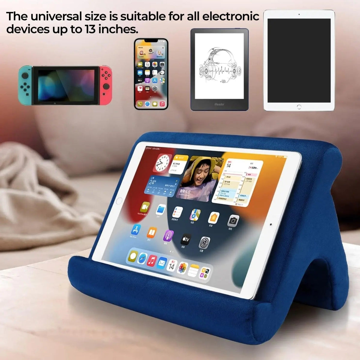Multi Angle Tablet Holder Cushion Stand with Net Pocket for Reading and Viewing