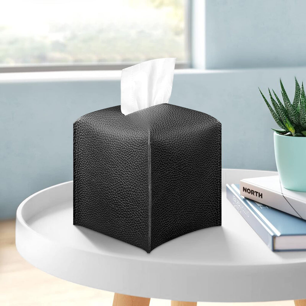 PU Leather Tissue Holder with Square Decorative Design for Bathroom and Office Organization