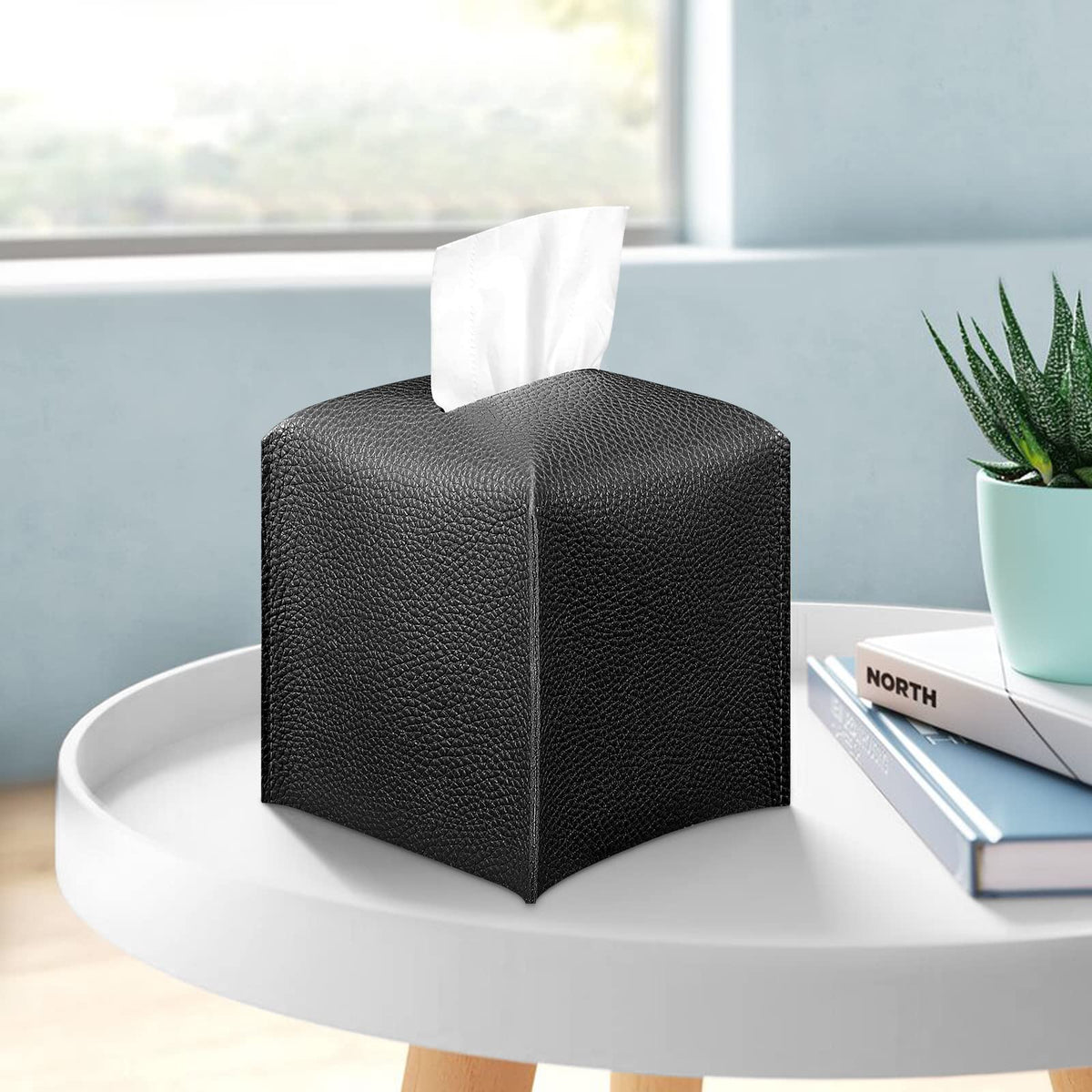 PU Leather Tissue Holder with Square Decorative Design for Bathroom and Office Organization