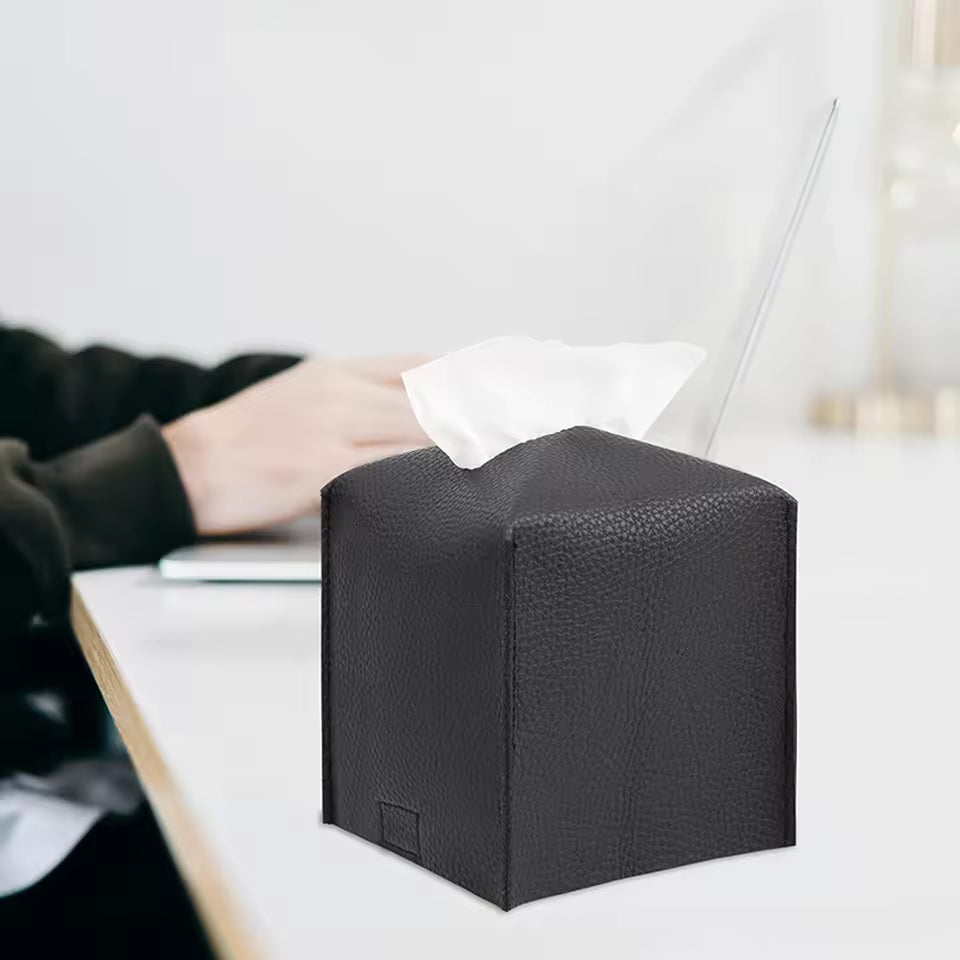 PU Leather Tissue Holder with Square Decorative Design for Bathroom and Office Organization
