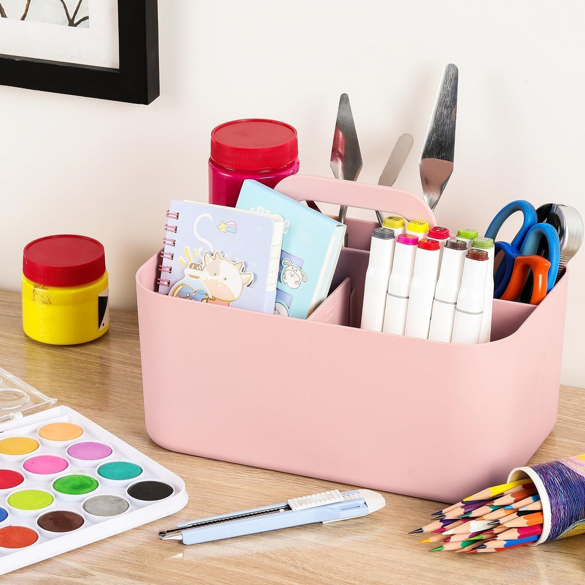 Multipurpose Plastic Caddy with 5 Compartments and Handle for Stationery and Office Storage