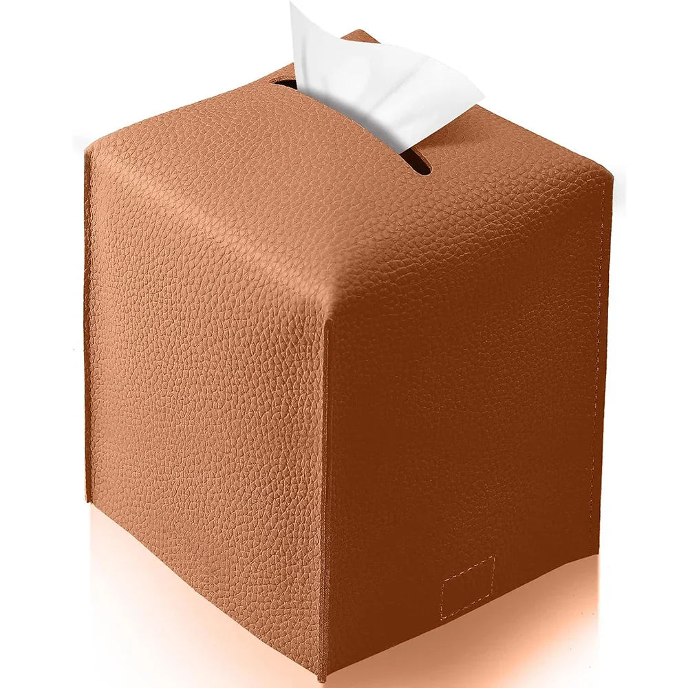 PU Leather Tissue Holder with Square Decorative Design for Bathroom and Office Organization