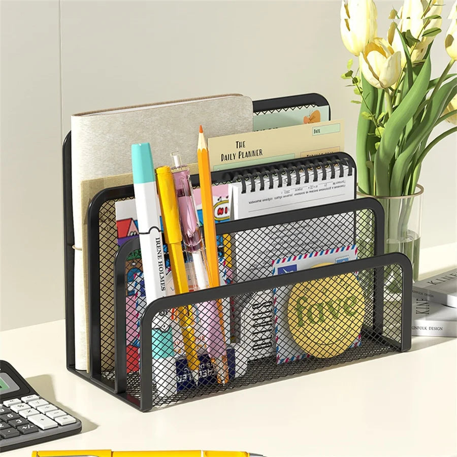 3-Layer Notebook Rack with Inclined Metal Mesh Design for Document and Office Folder Storage