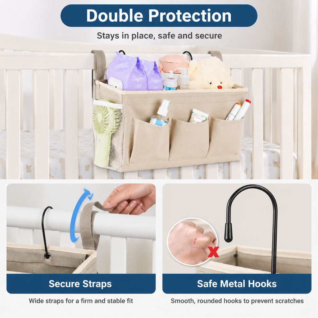 Bedside Caddy Organizer with Multiple Pockets and Hooks for Beds, Sofas and Dorm Storage