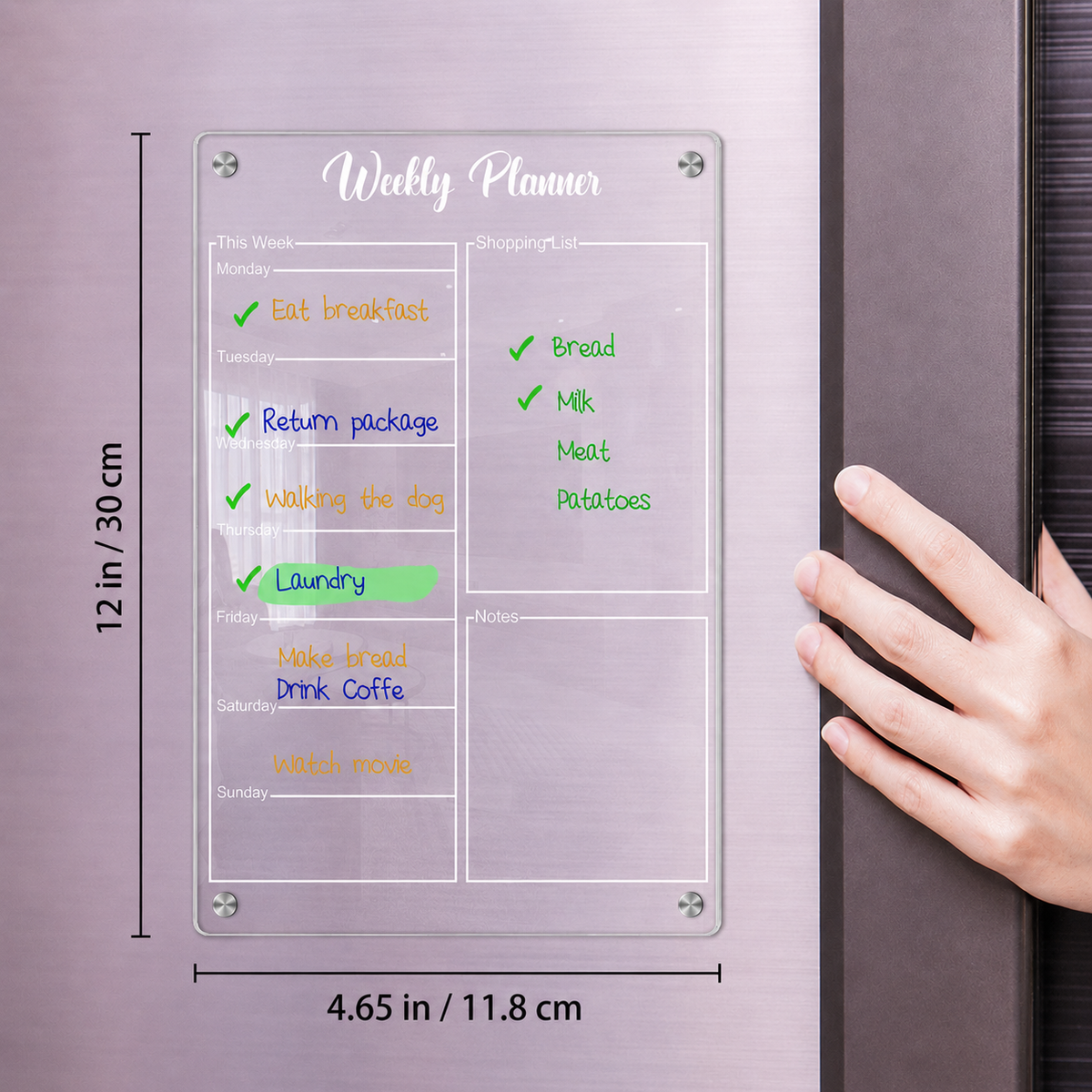 Magnetic Weekly Planner with Transparent Acrylic Dry Erase Design for Refrigerator Schedules and Meal Planning