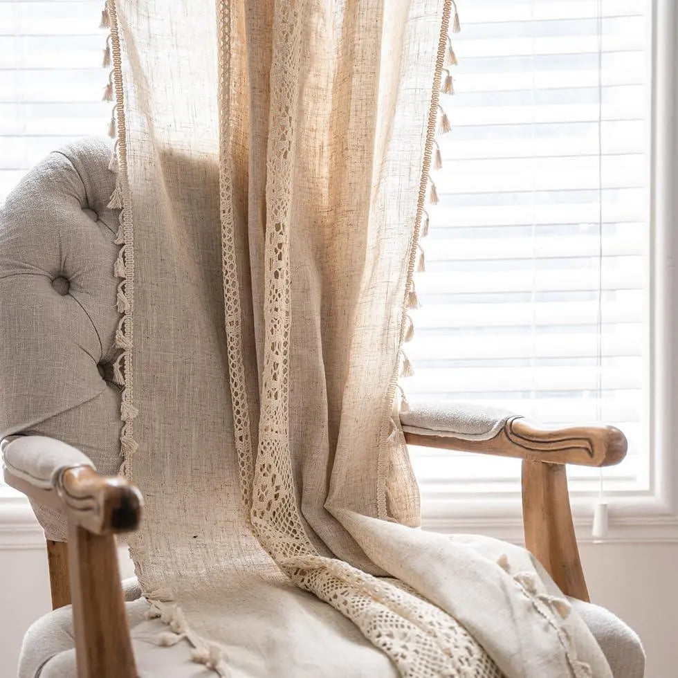 Boho Semi-Blackout Cotton Linen Curtain Panels with Tassels for Bedroom and Living Room Décor