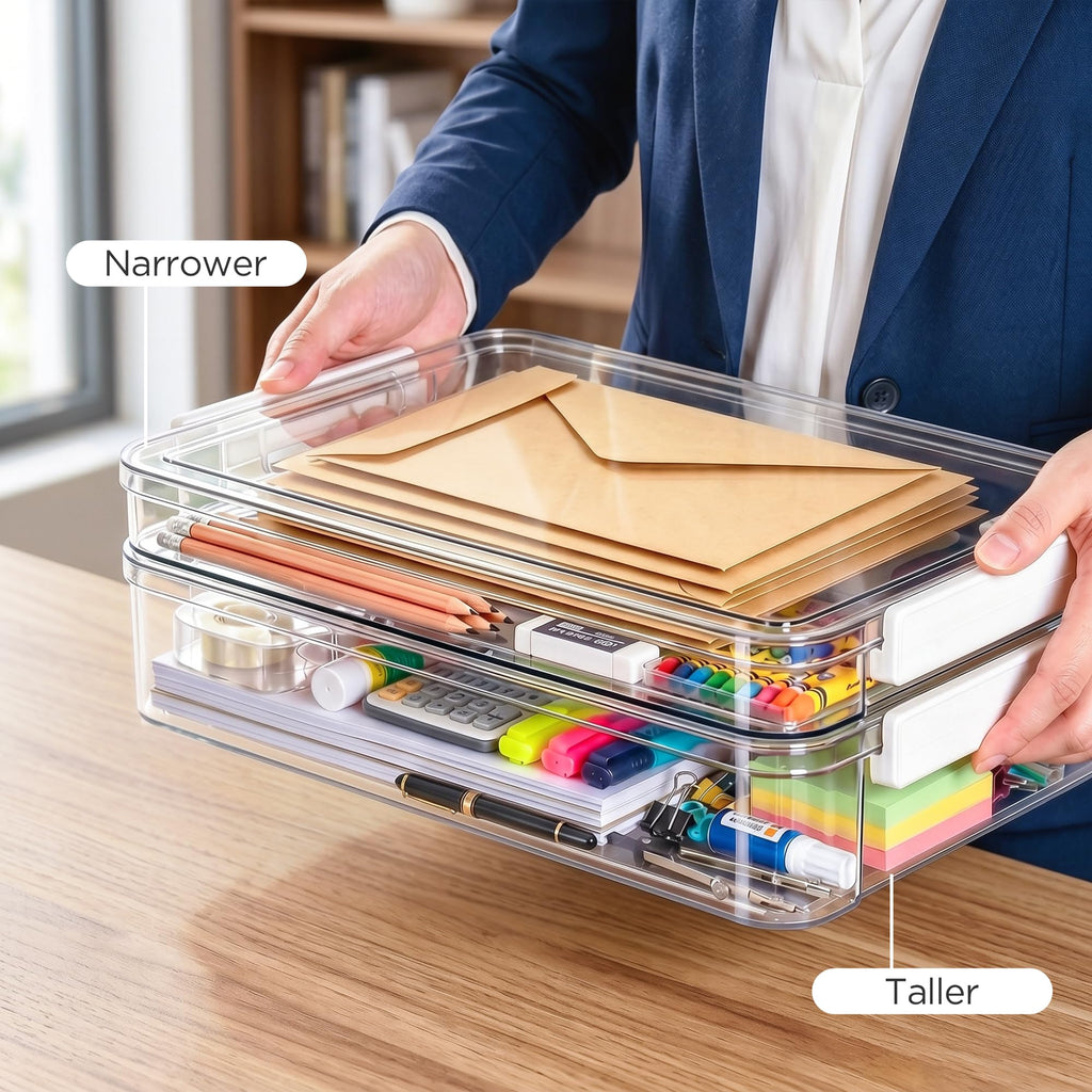 3 Pcs Paper Organizer Clear Plastic File Storage Box Set with Clip Lid for A4 Documents and Stationery Storage