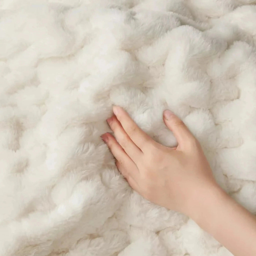 Faux Fur Throw Blanket with Double Sided Ruched Texture for Cozy Everyday Home Use