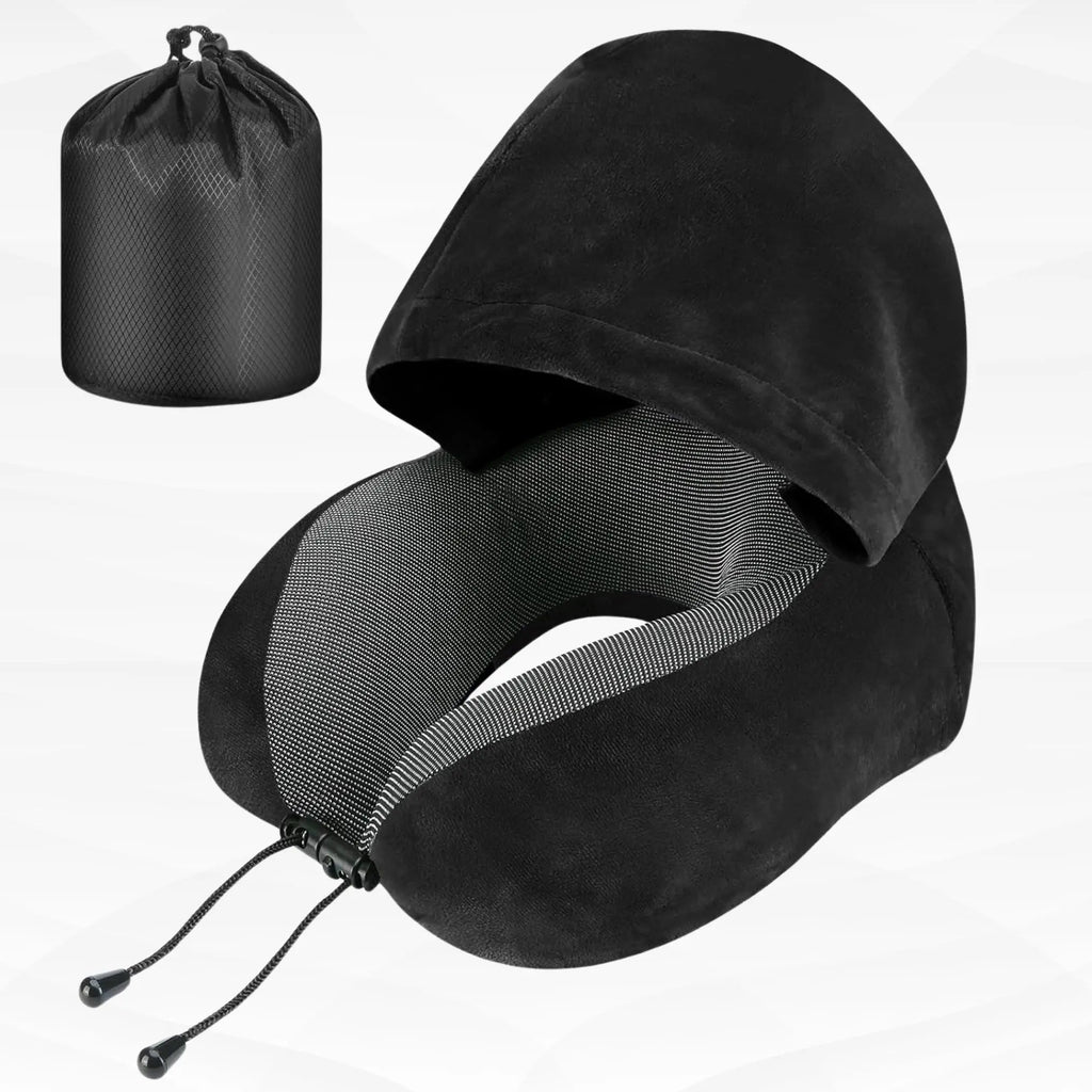 Hooded Travel Pillow with U Shaped Memory Foam and Light Blocking Hood for Airplane, Office, and Car Rest