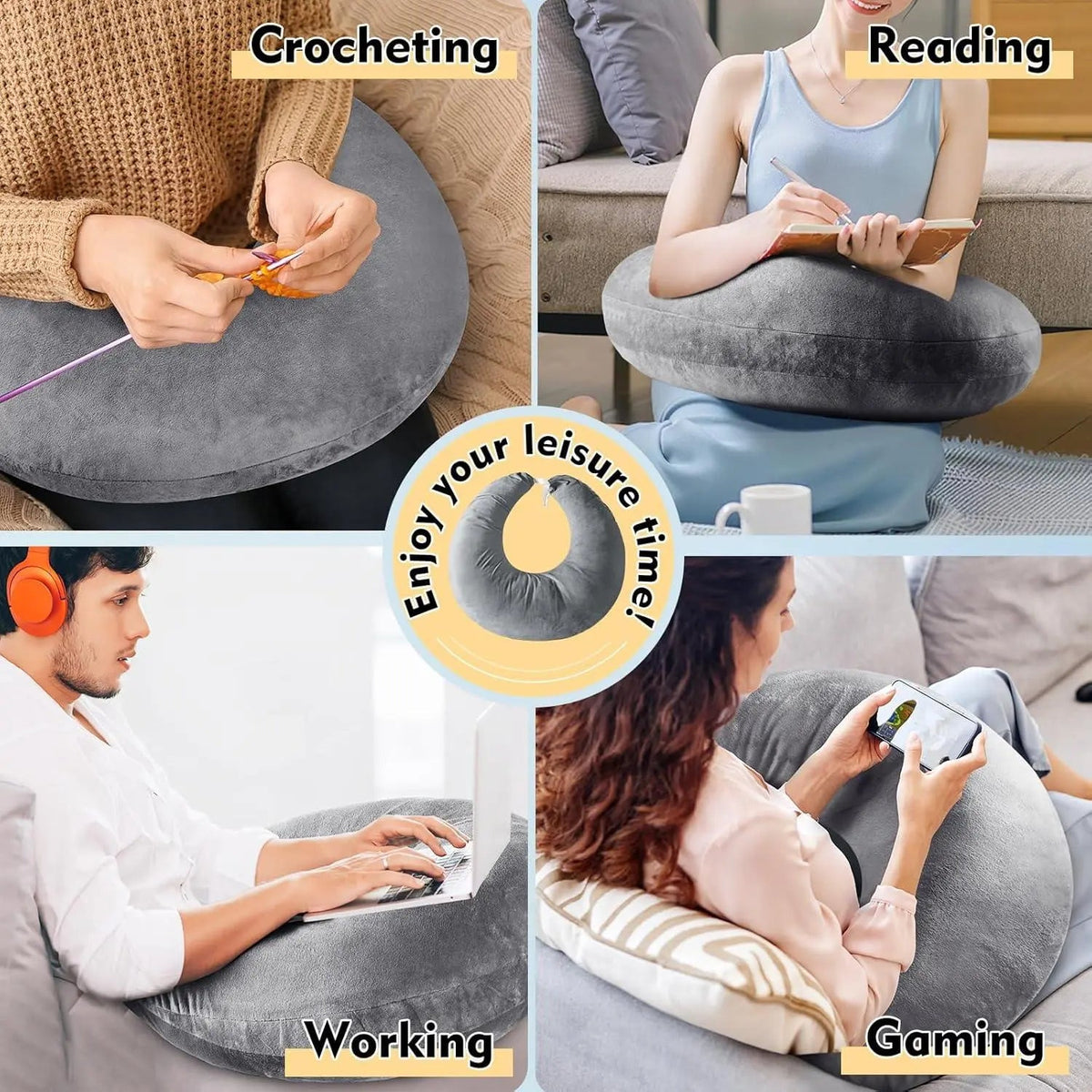 U Shaped Gaming Pillow with Ergonomic Contour for Comfortable Seated Use on Beds, Sofas, and Floors