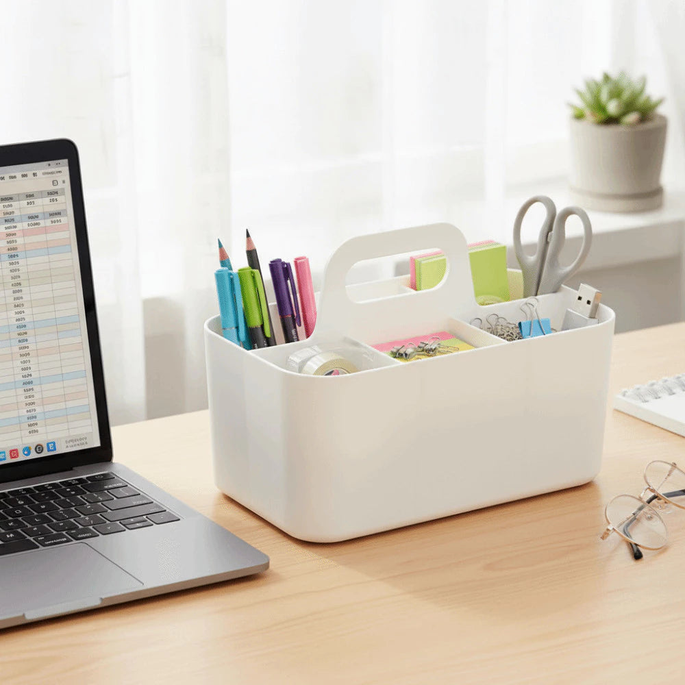 Multipurpose Plastic Caddy with 5 Compartments and Handle for Stationery and Office Storage
