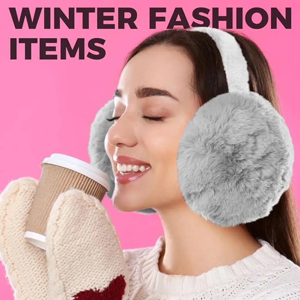 Soft Plush Faux Fur Winter Muffs Ear Warmer with Foldable Headband for Outdoor Cold Weather Use