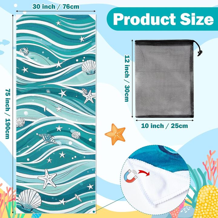 Magnetic Beach Towel with Quick Dry Microfiber and Built In Corner Magnets for Beach Chair Car Door Pool and Travel