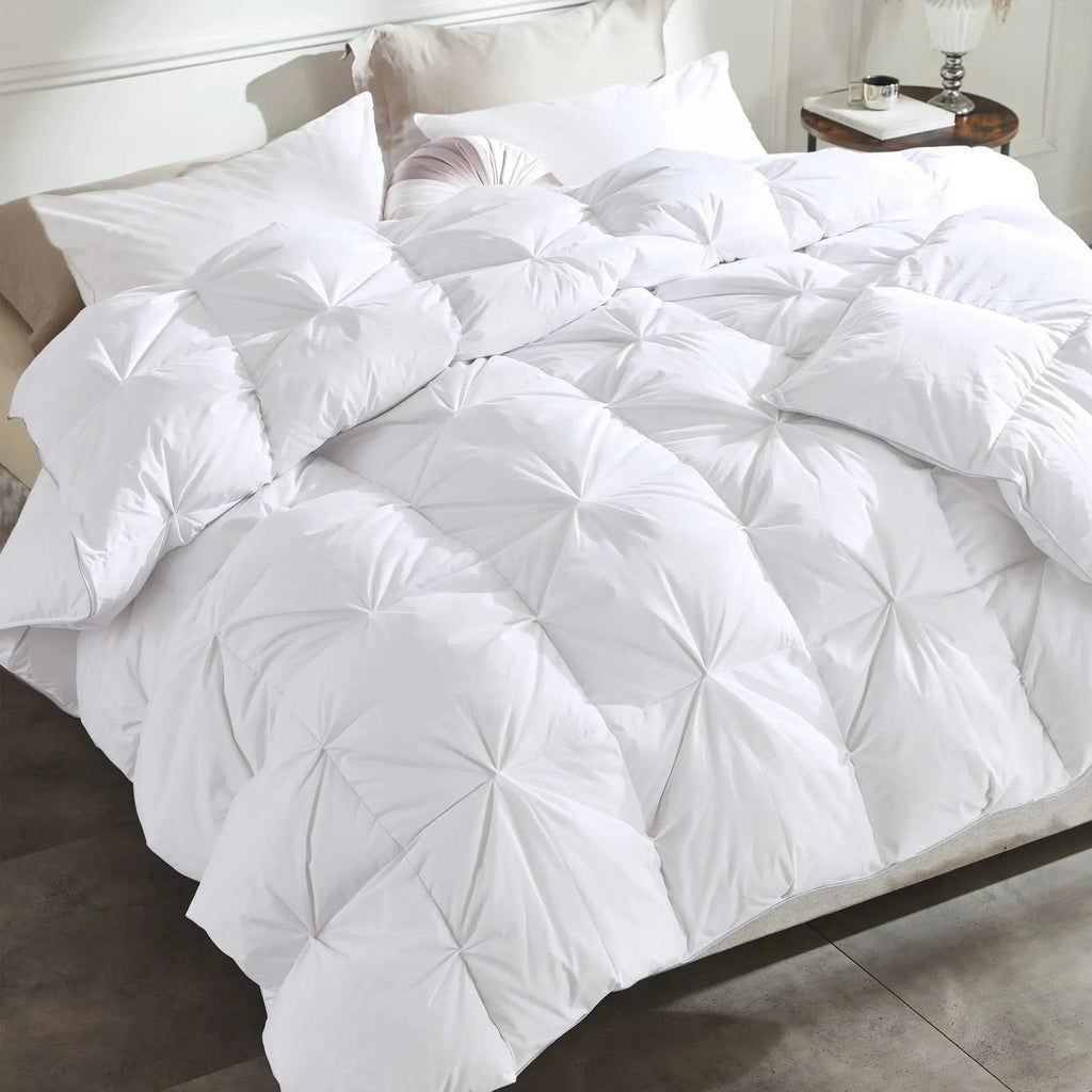 Goose Down Comforter with Pinch Pleat Design and All Season Medium Warmth for Relaxed Sleep Comfort