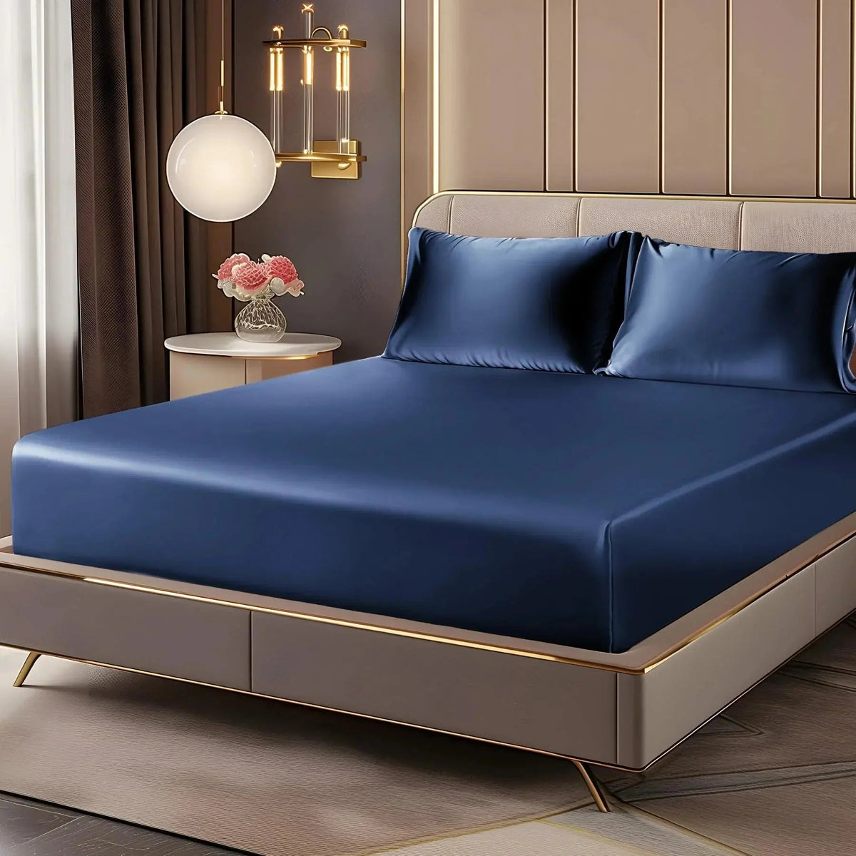 Luxury Satin Fitted Sheet Set with Deep Pockets and Matching Pillowcases for Smooth All-Season Bedding