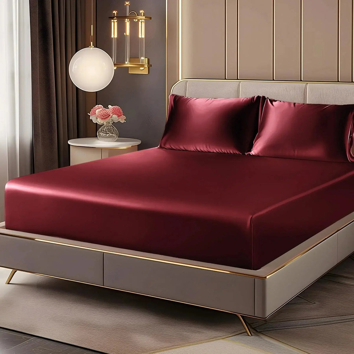 Luxury Satin Fitted Sheet Set with Deep Pockets and Matching Pillowcases for Smooth All-Season Bedding