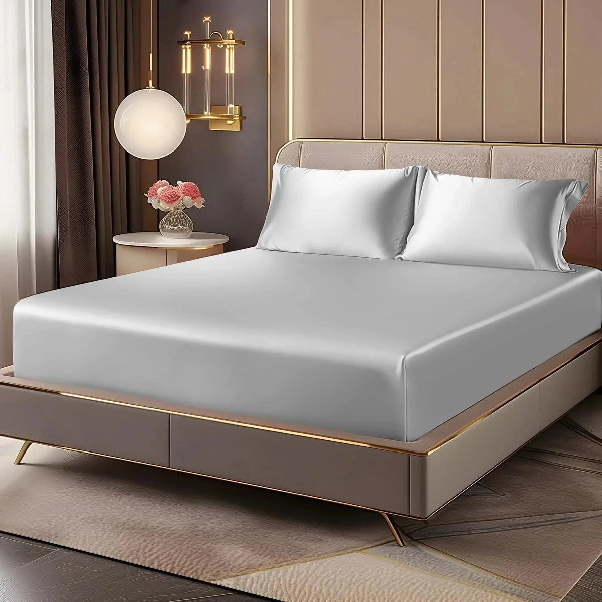 Luxury Satin Fitted Sheet Set with Deep Pockets and Matching Pillowcases for Smooth All-Season Bedding