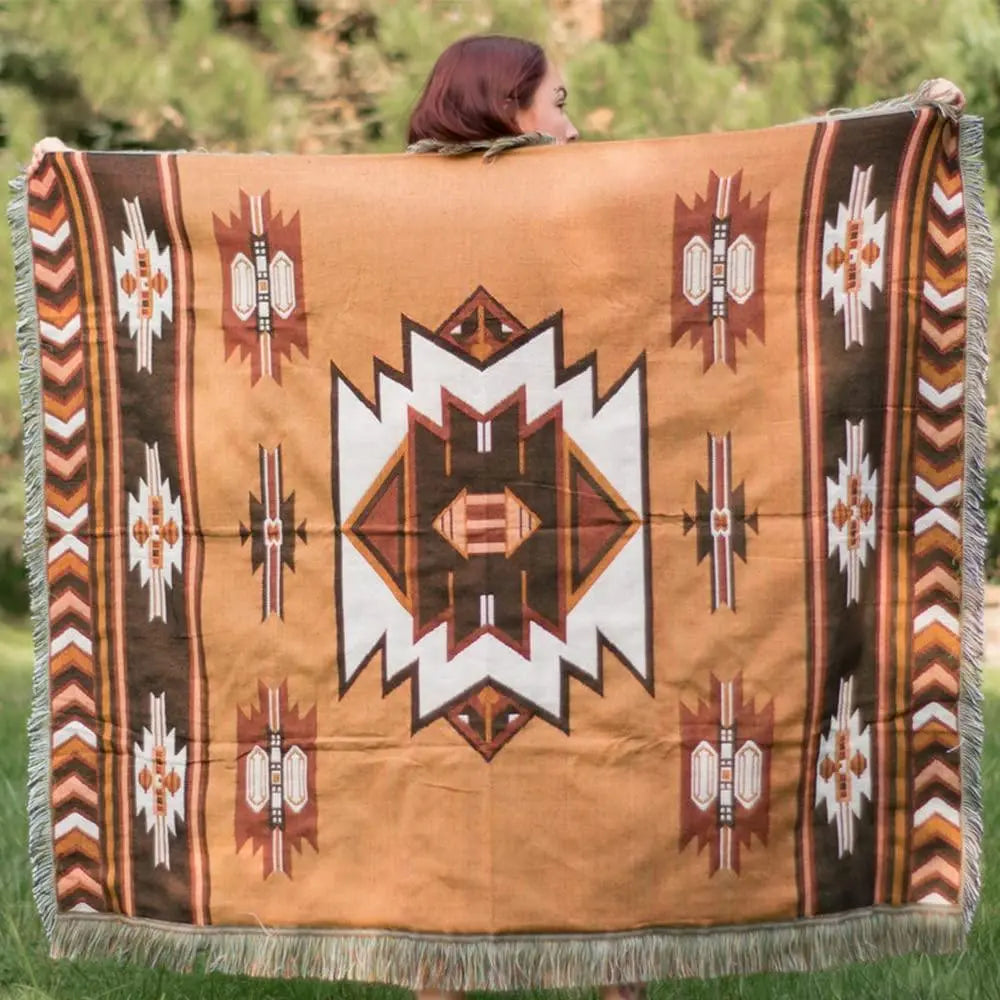 Brown Aztec Reversible Woven Throw Blanket with Tassel Detailing for Home Décor and Travel Use