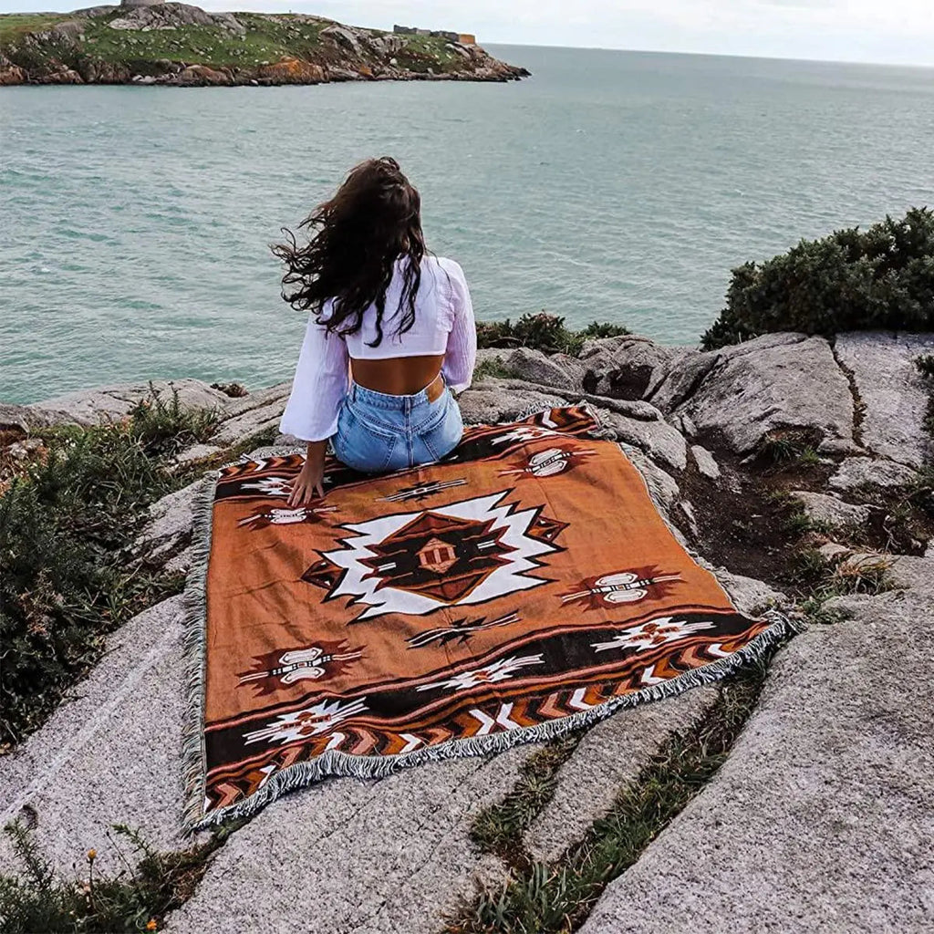 Brown Aztec Reversible Woven Throw Blanket with Tassel Detailing for Home Décor and Travel Use