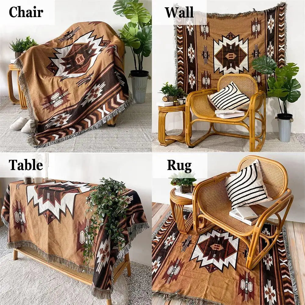 Brown Aztec Reversible Woven Throw Blanket with Tassel Detailing for Home Décor and Travel Use