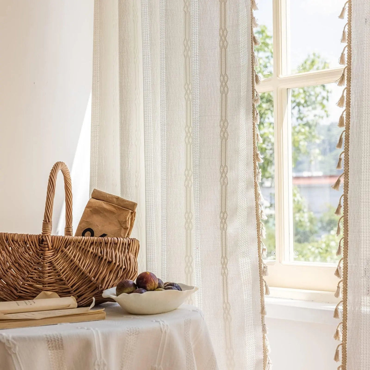 Jacquard Hollow-Out White Tulle Semi-Blackout Curtain Panels for Living Room, Bedroom, and Dining Area Décor