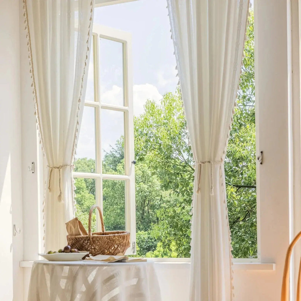 Jacquard Hollow-Out White Tulle Semi-Blackout Curtain Panels for Living Room, Bedroom, and Dining Area Décor